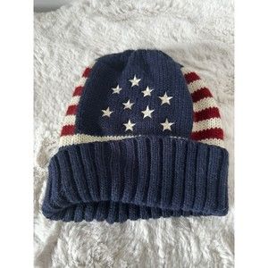 Women AMERICAN FLAG BEANIE Navy Blue Ivory Red Winter Knit Stars Stripes Hat